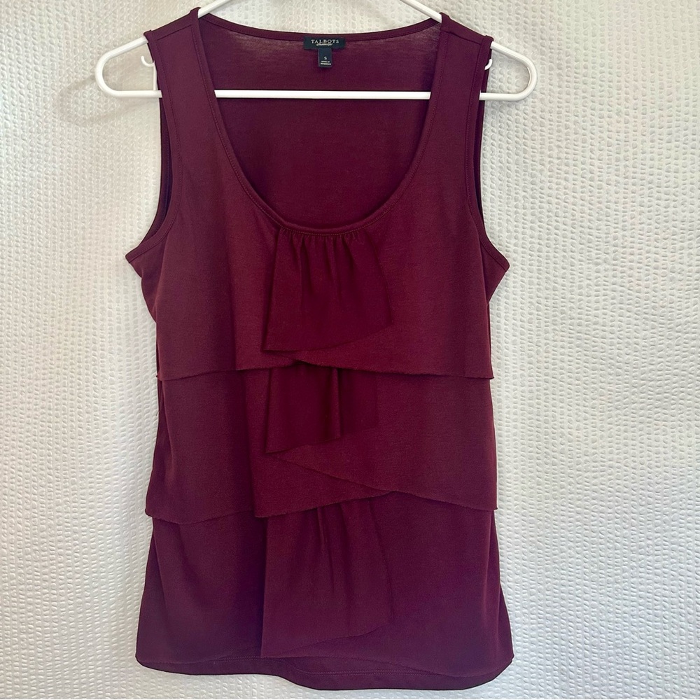 TALBOTS Burgundy Red Layered Ruffle Sleeveless Blouse Women’s Small Career Top